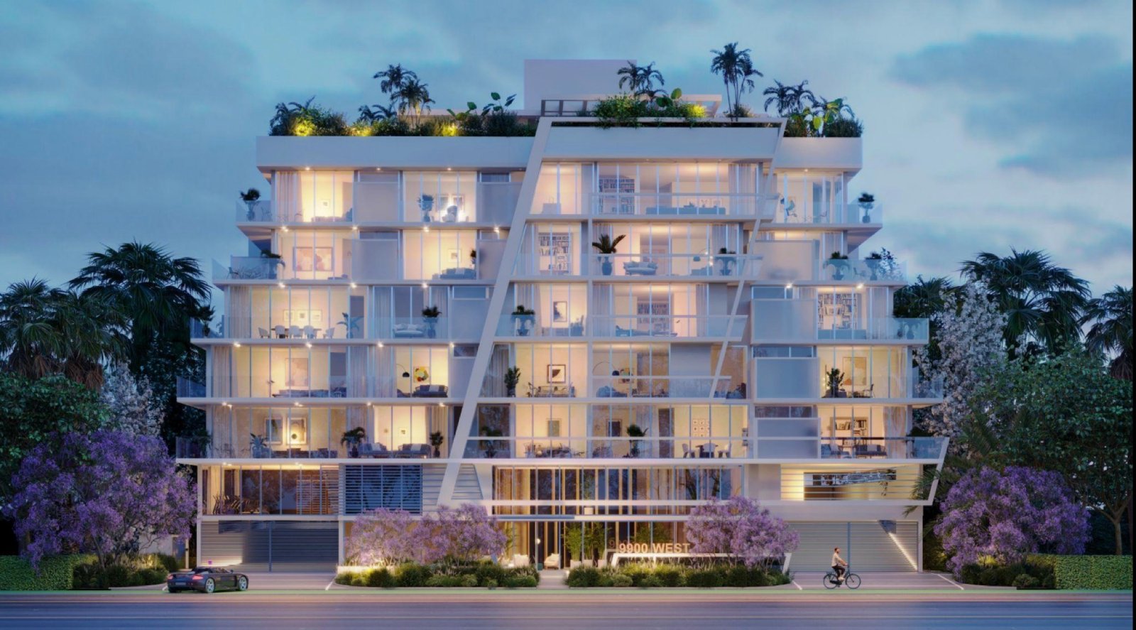 9900 West, Bay Harbor Islands — exterior frente al agua con amarres privados para embarcaciones en Indian Creek, render del desarrollador