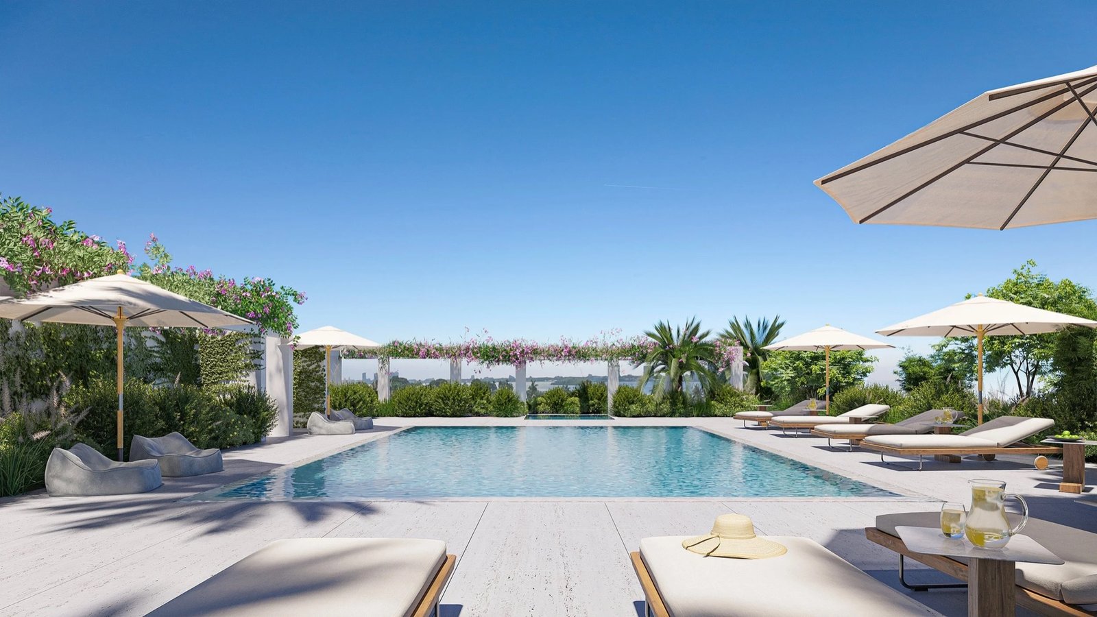 9900 West, Bay Harbor Islands — terraza con alberca en la azotea con vista al agua, render del desarrollador