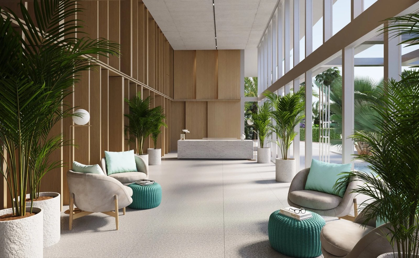 9900 West, Bay Harbor Islands — interior del lobby y la recepción del edificio, render del desarrollador