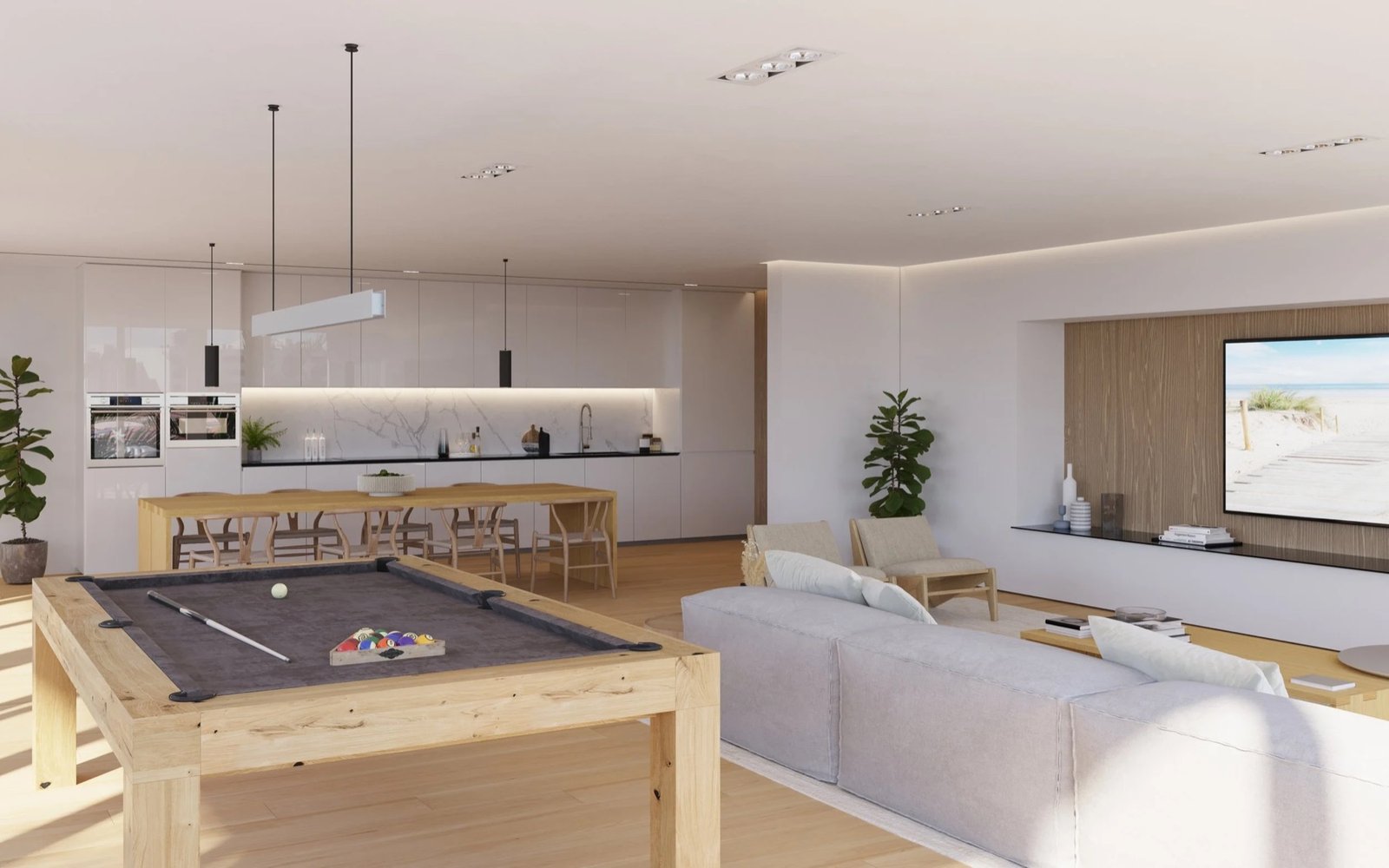 9900 West, Bay Harbor Islands — amenidad de salón club privado con mesa de billar, render del desarrollador