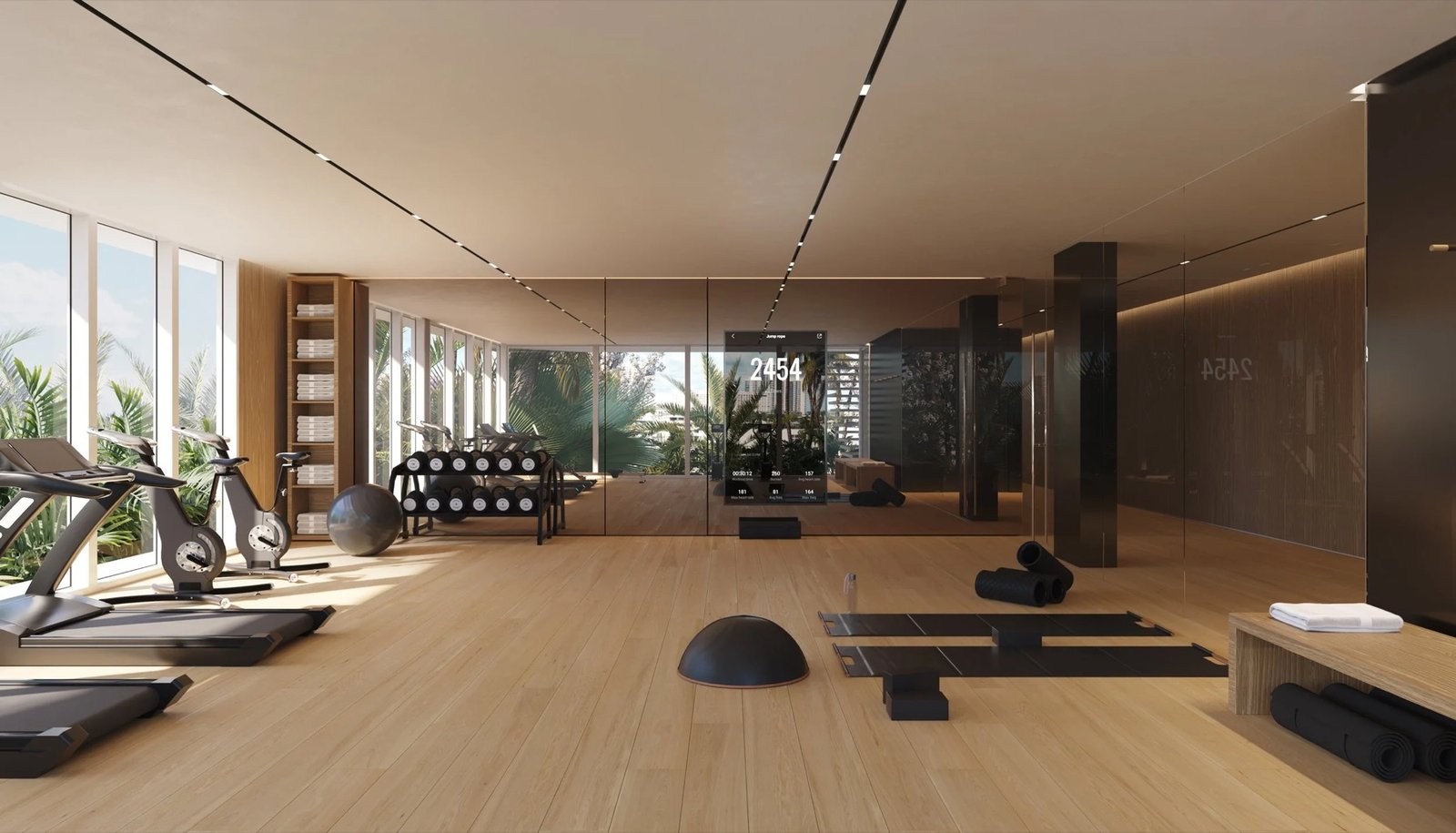 9900 West, Bay Harbor Islands — amenidad de centro de fitness con vista al agua, render del desarrollador