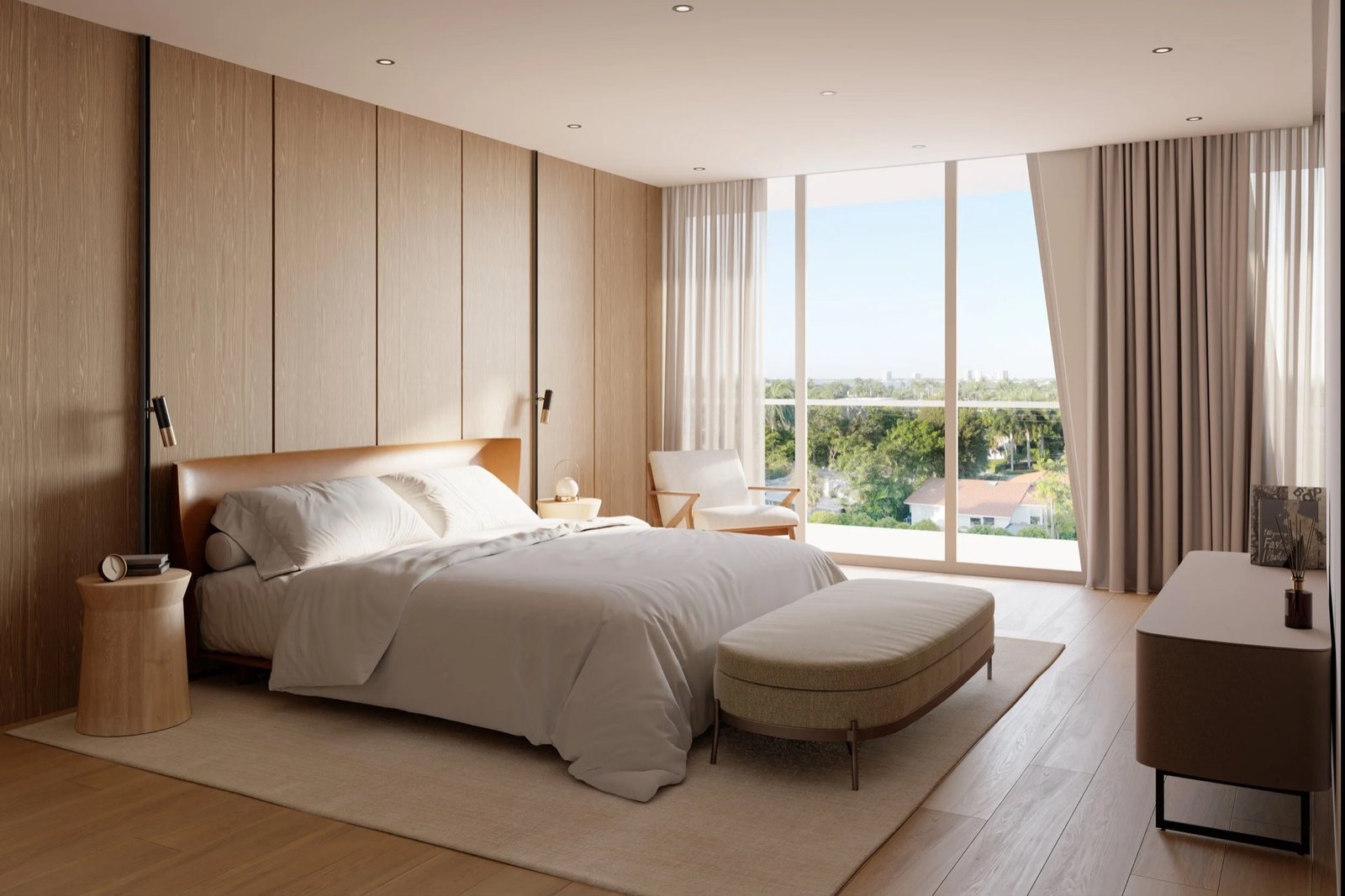 9900 West, Bay Harbor Islands — interior de la recámara principal con vista desde el balcón, render del desarrollador