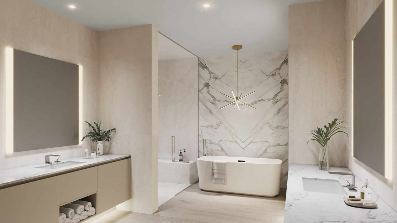 Developer rendering of a primary bathroom at Alba Palm Beach