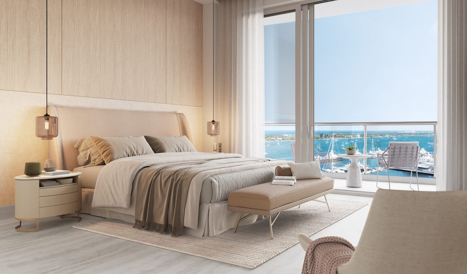 Developer rendering of a primary bedroom at Alba Palm Beach