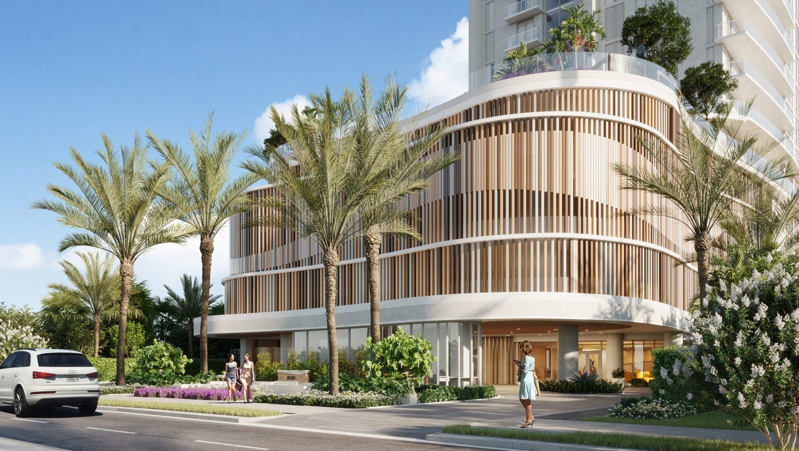 Developer rendering of the arrival canopy and curved louvred facade at Alba Palm Beach, West Palm Beach
