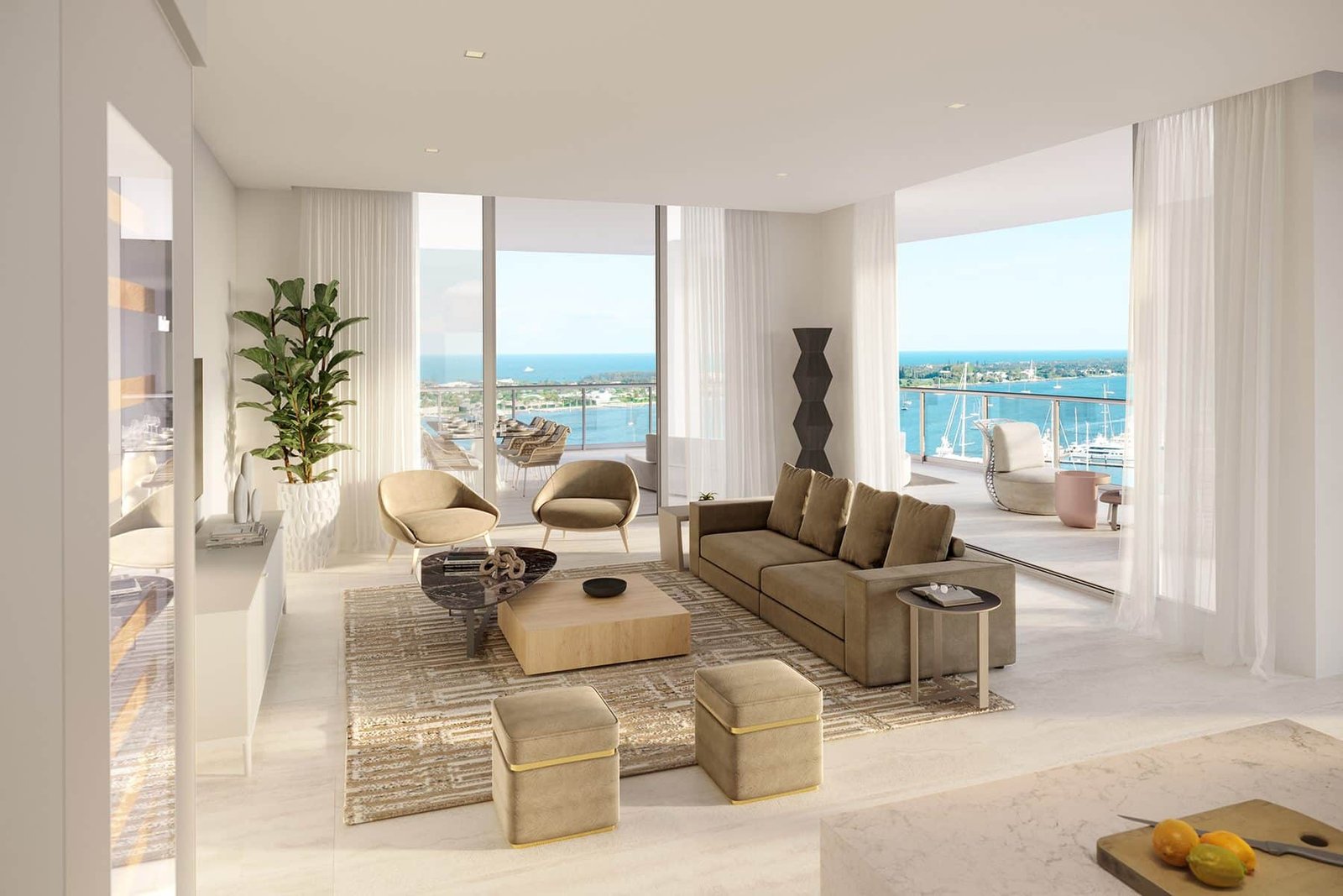Developer rendering of a residence living room at Alba Palm Beach