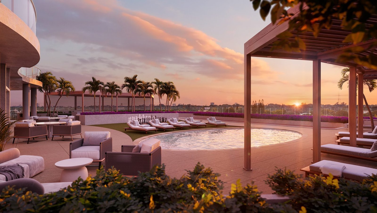 Developer rendering of the sunset pool deck at Alba Palm Beach