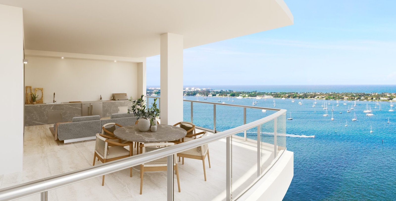 Developer rendering of a 19th-floor terrace and the Intracoastal view at Alba Palm Beach