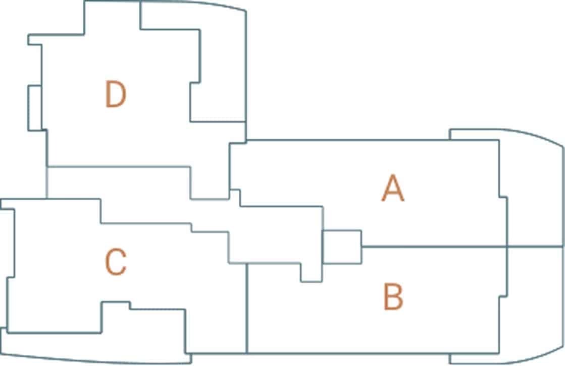 Typical floor keyplan at Alba Palm Beach showing the position of Residences A, B, C and D