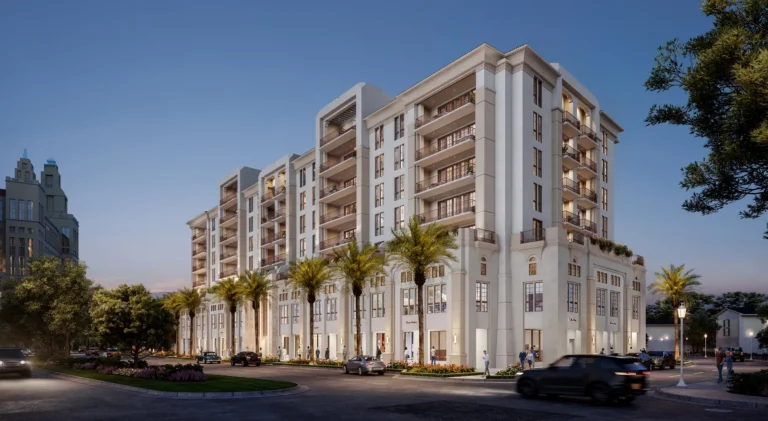 Rendering of Alhambra Parc, Coral Gables, seen from the corner of Alhambra Circle at dusk