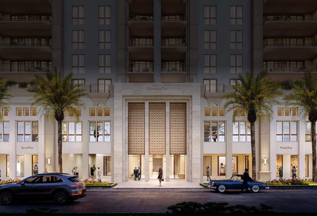 Night rendering of the Alhambra Parc entrance elevation on Alhambra Circle, Coral Gables