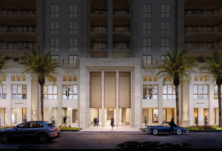 Night rendering of the Alhambra Parc entrance elevation on Alhambra Circle, Coral Gables