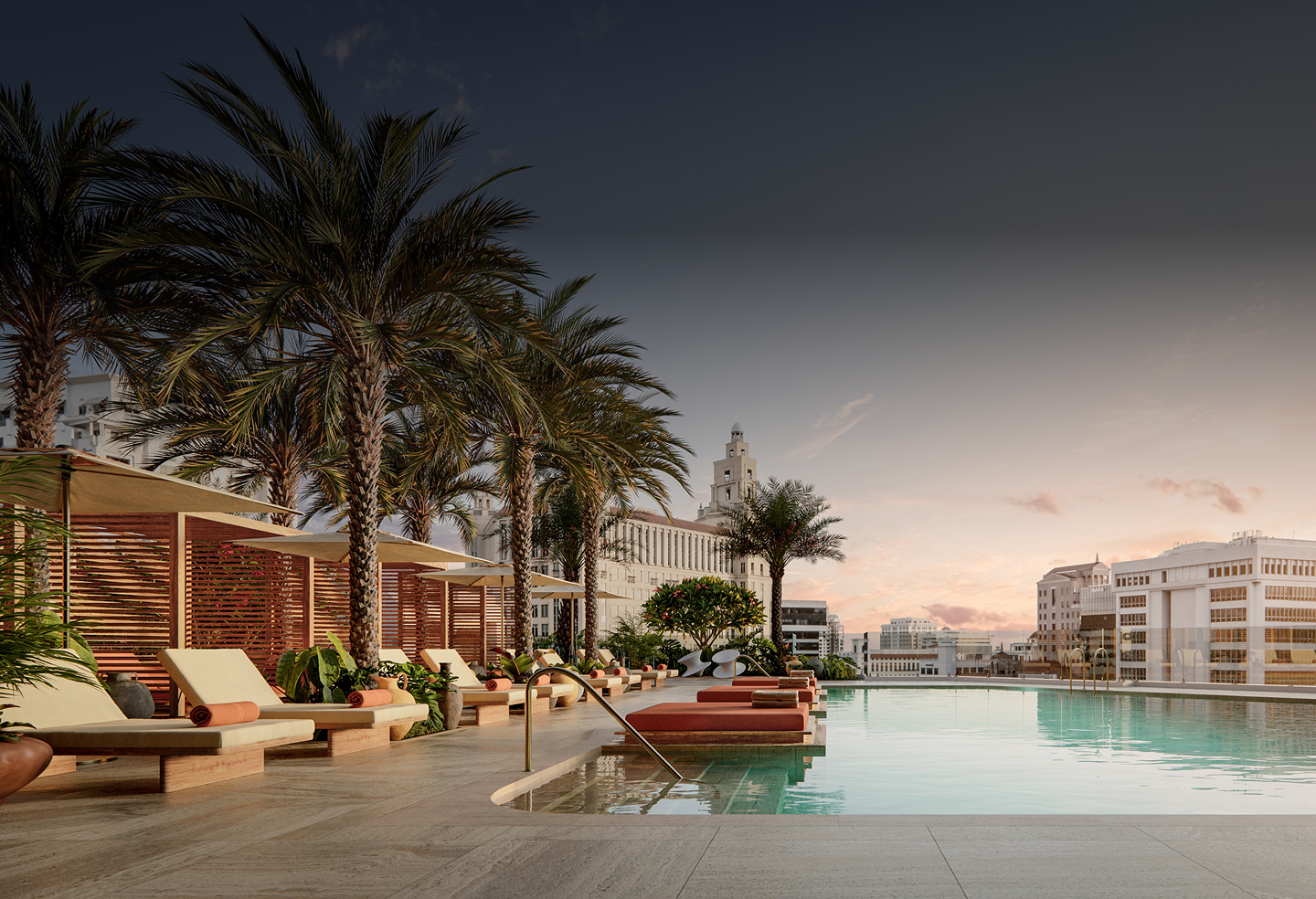 Rendering of the rooftop pool at Alhambra Parc at sunset, with the Biltmore tower beyond