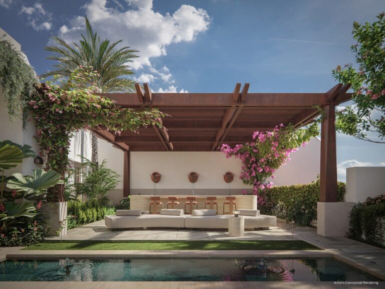 Rendering of the Paraiso Garden pergola and pool bar at Alhambra Parc, Coral Gables
