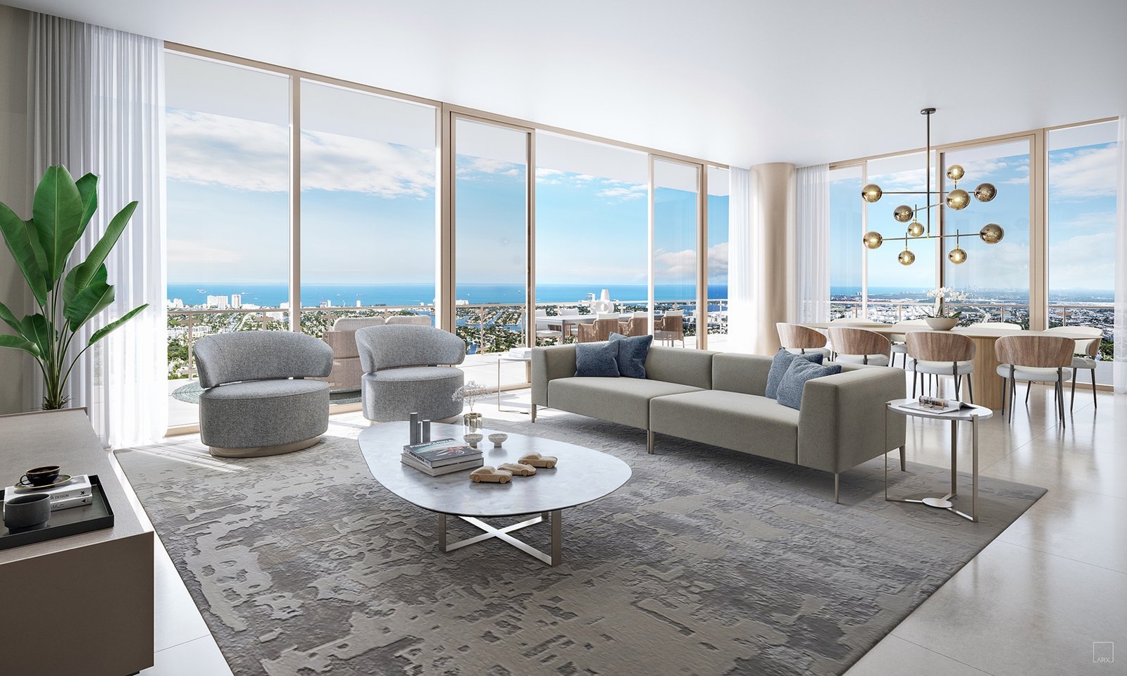 - Andare Residences Las Olas Andare Residences, Las Olas — sala de una residencia con vista panorámica al agua, render del desarrollador