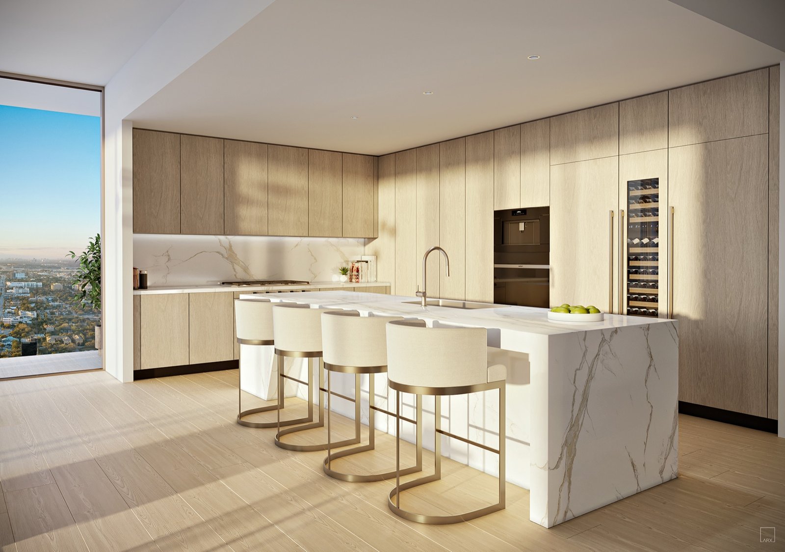 - Andare Residences Las Olas Andare Residences, Las Olas — cocina de una residencia con isla en cascada, render del desarrollador