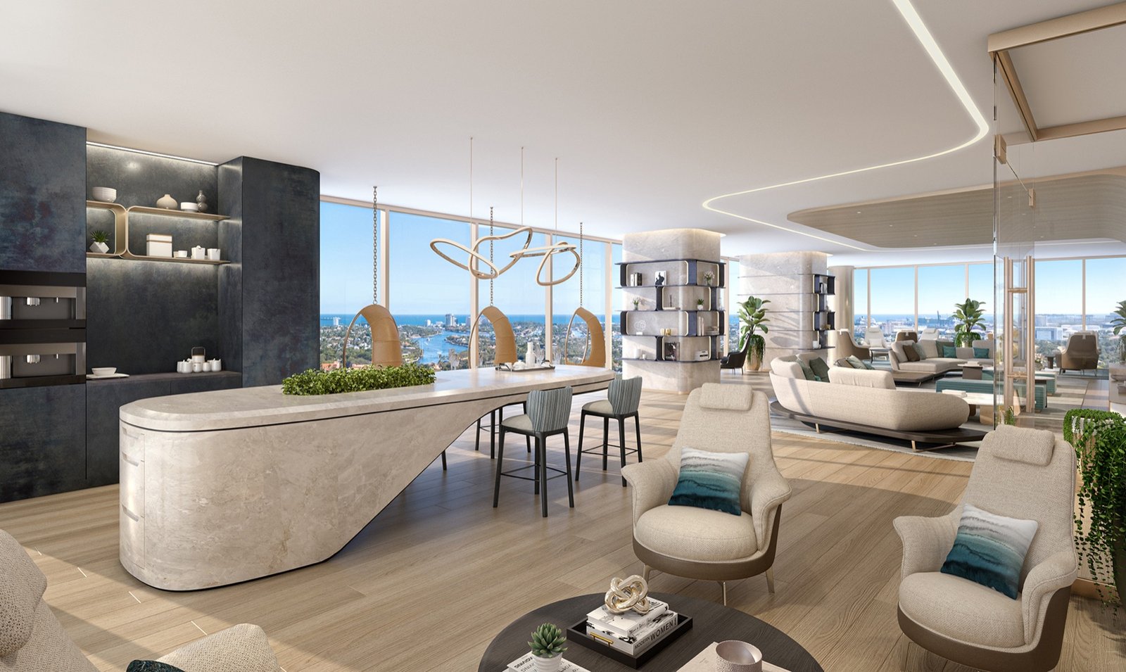 - Andare Residences Las Olas Andare Residences, Las Olas — salón del club con ventanales de piso a techo, render del desarrollador