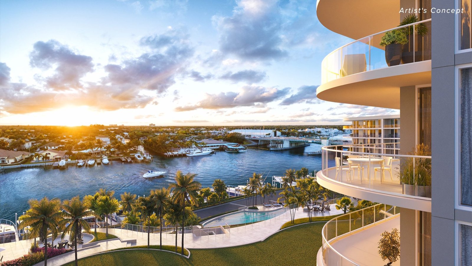 Concepto artístico de un balcón curvo al atardecer con vista a un canal y a un deck de alberca; proyecto no confirmado