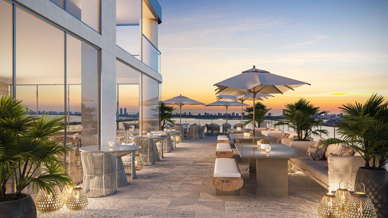 Aria Reserve, Edgewater Miami — terraza lounge en la azotea con sombrillas al atardecer, render del desarrollador
