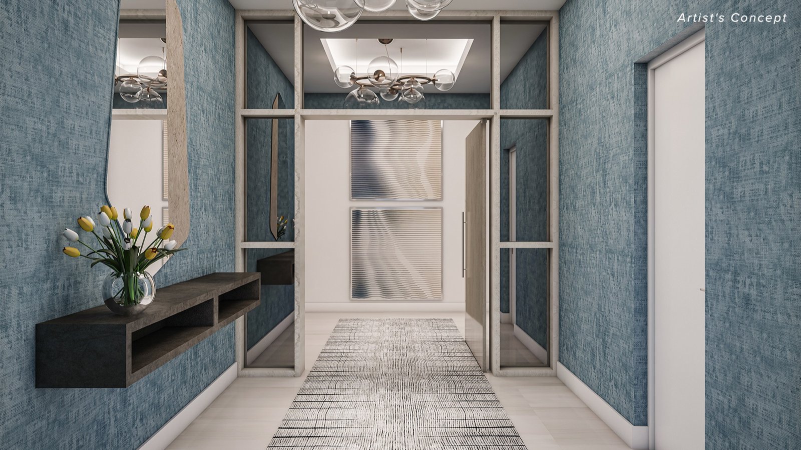 Concepto artístico de un vestíbulo de entrada de una residencia con paredes texturizadas en azul; proyecto no confirmado