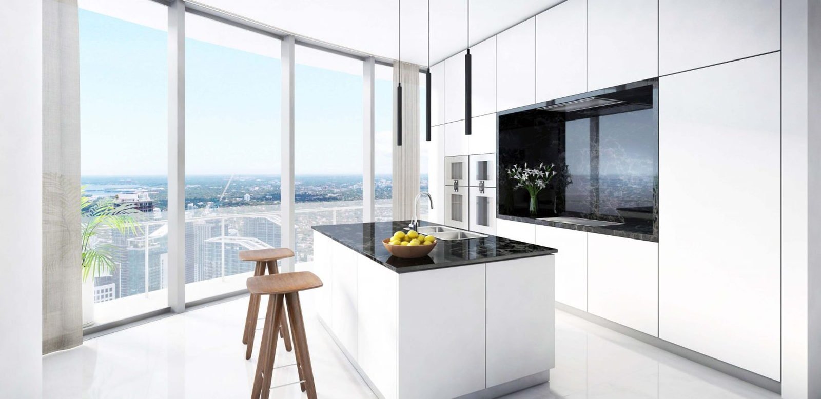 A kitchen in white cabinetry with an island against full-height glass — developer rendering