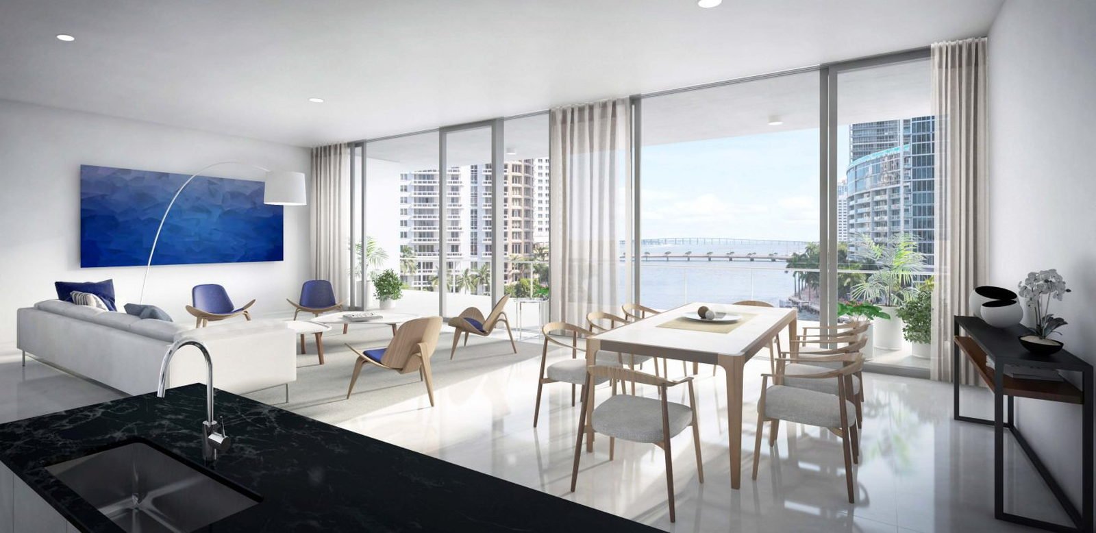 An open-plan living and dining room with the kitchen beyond and the city outside — developer rendering