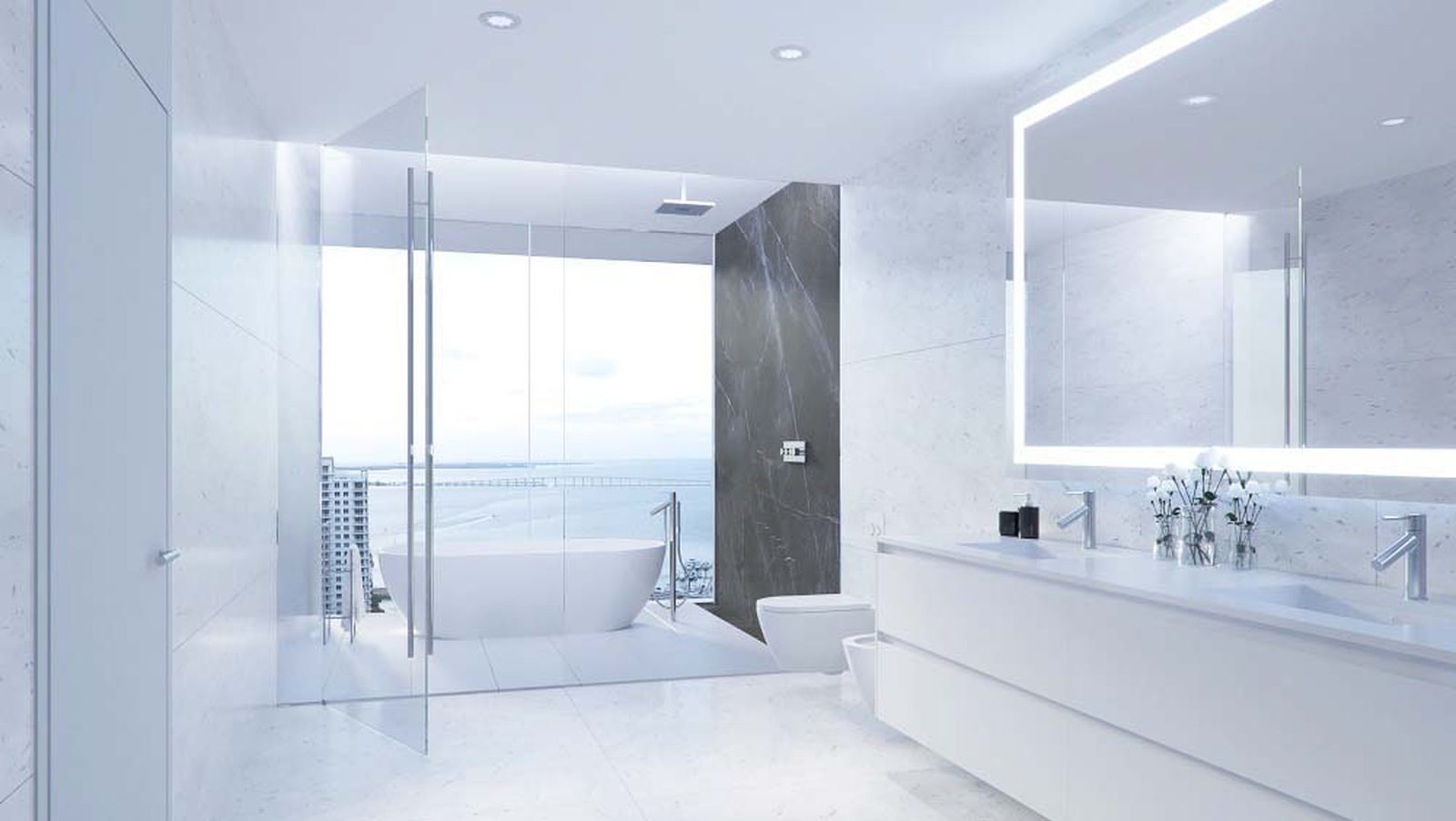 A bathroom with a glass shower and twin basins — developer rendering