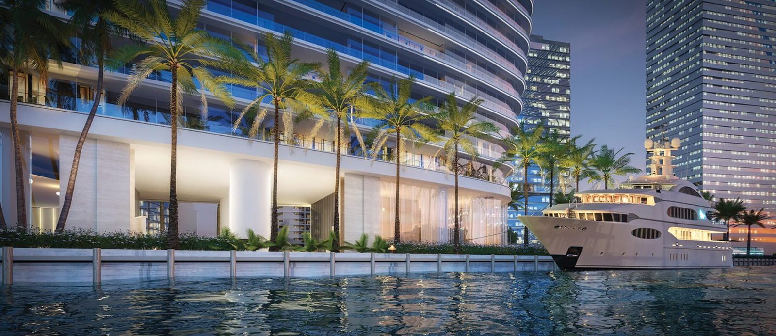 The tower's waterfront frontage at dusk, palms and a moored superyacht — developer rendering