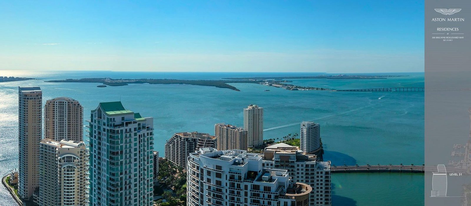 The view from Level 51 over Brickell Key and Biscayne Bay toward the causeway — developer image
