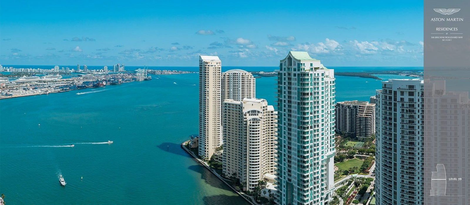 The view from Level 39 over Brickell Key, the Port of Miami and South Beach beyond — developer image