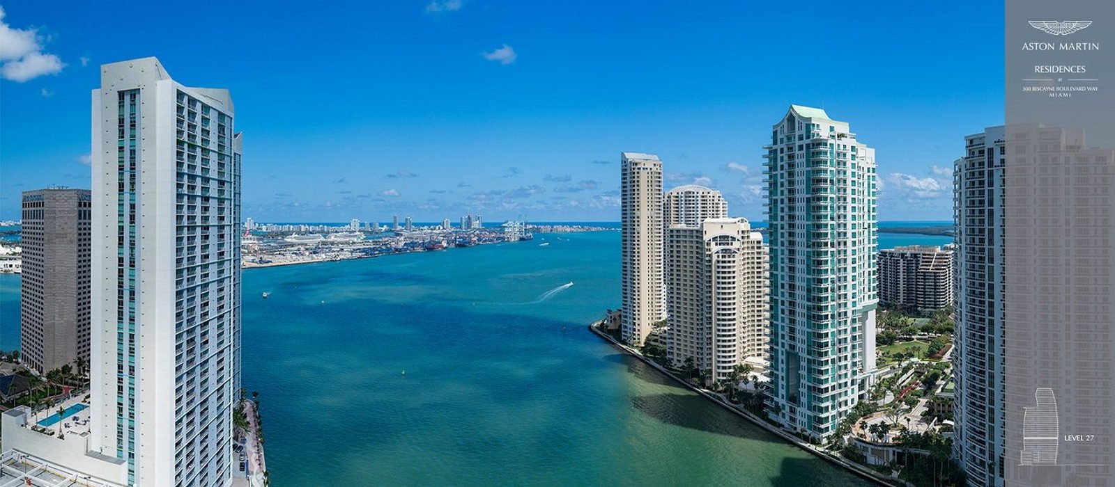 The view from Level 27 across the water to Brickell Key and the Port of Miami — developer image