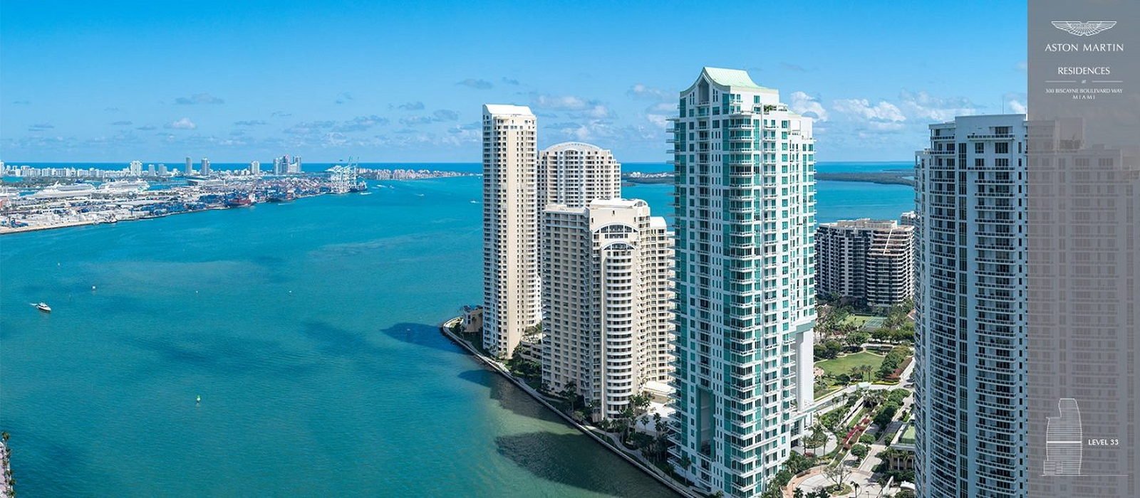 The view from Level 33 over Brickell Key and Biscayne Bay — developer image