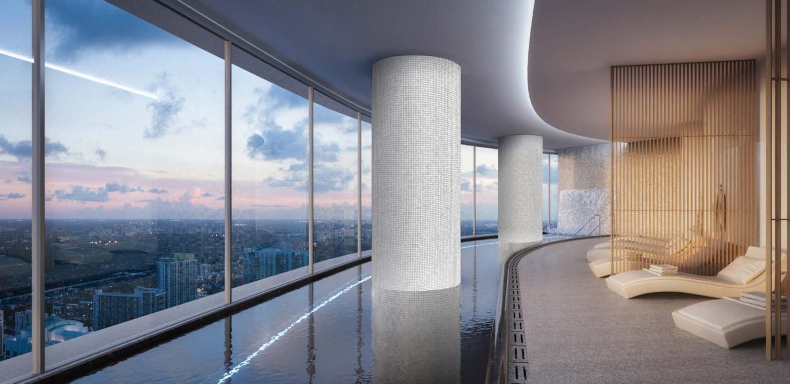 The Brickell skyline and the mouth of the Miami River at dusk — developer image
