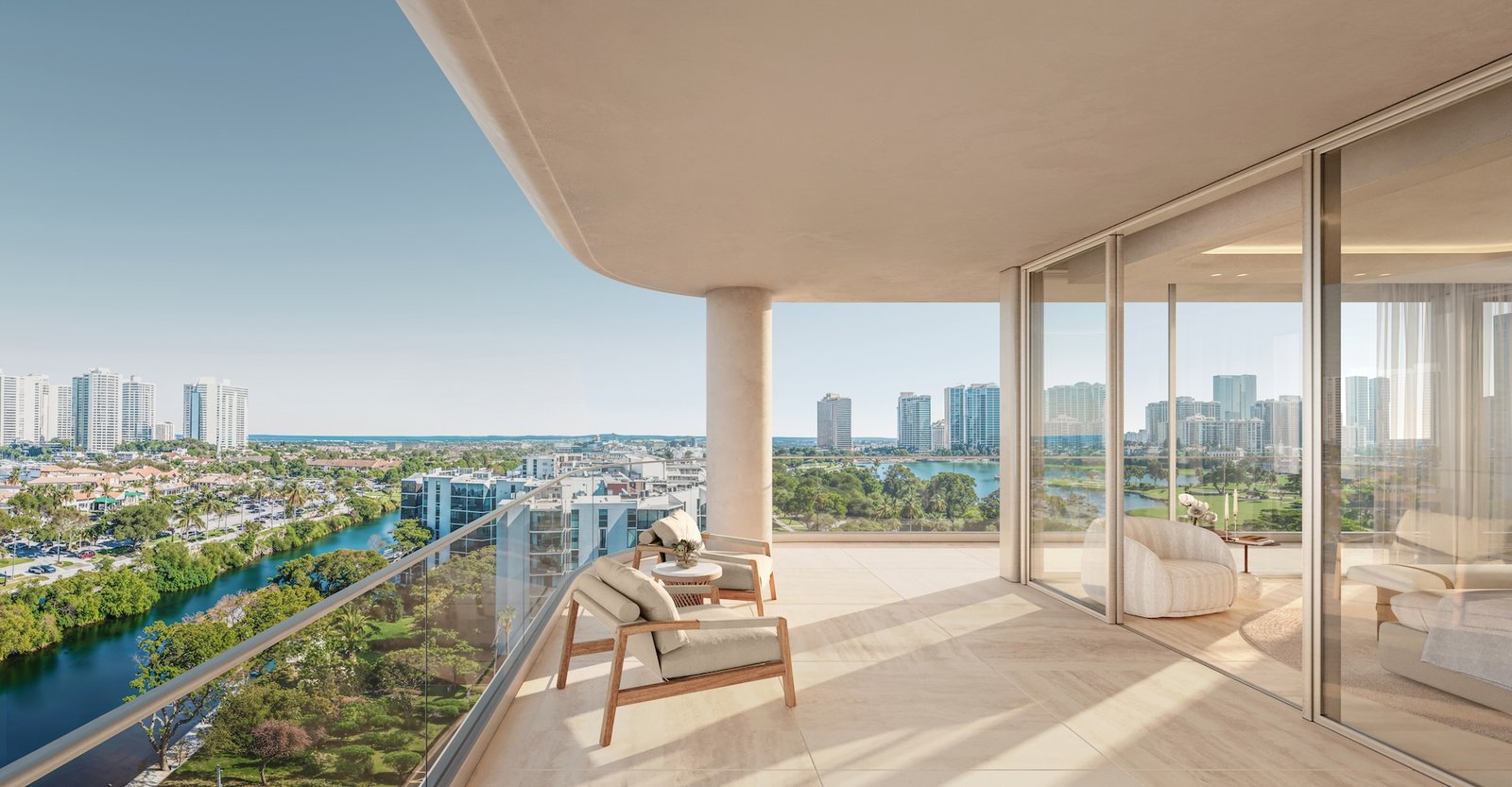A terrace and water view at Avenia Aventura, developer rendering