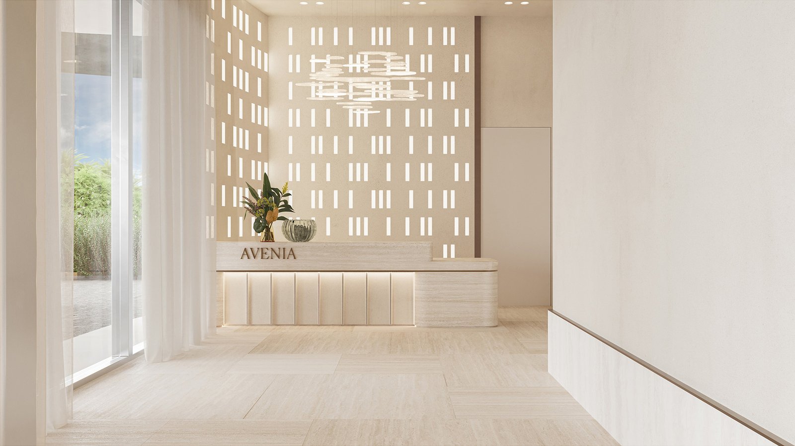 The reception desk in the Avenia Aventura lobby, developer rendering