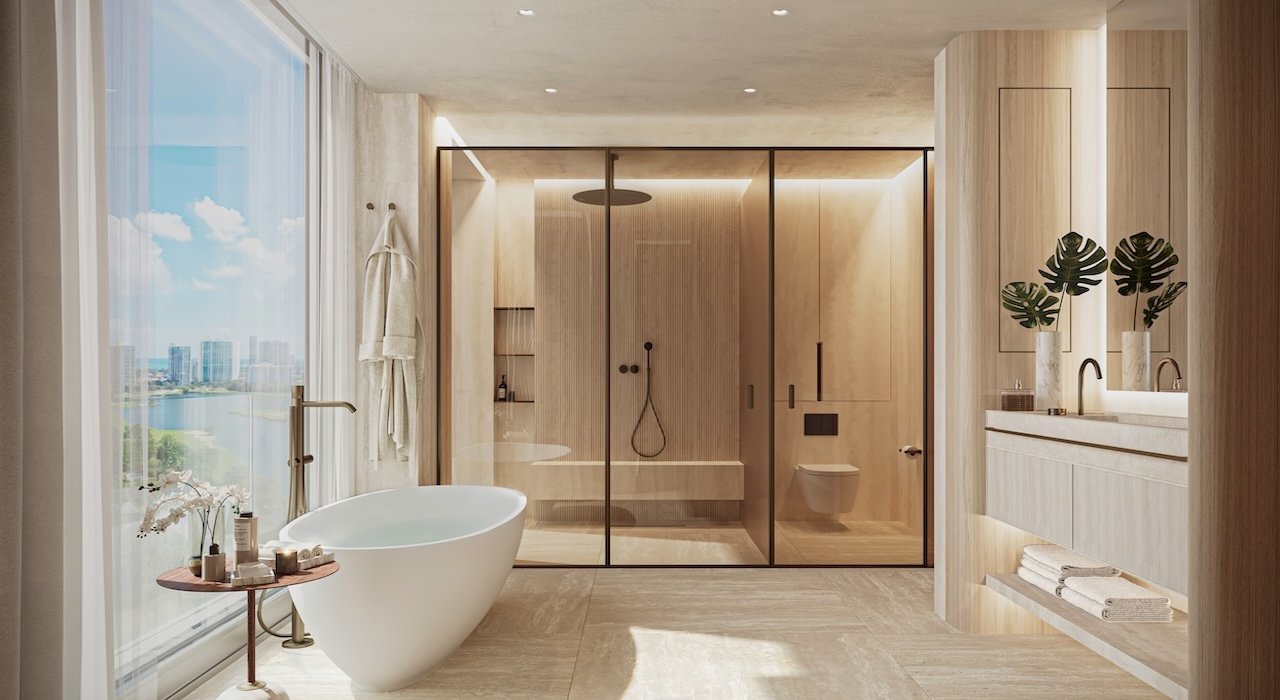 The primary bathroom in an Avenia Aventura residence, developer rendering