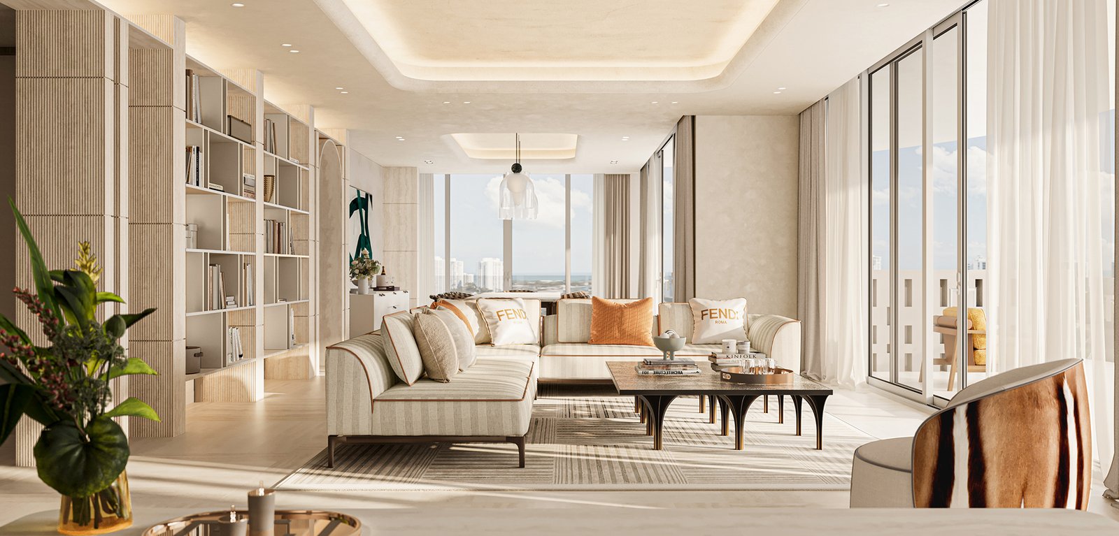 A residence living room at Avenia Aventura with FENDI Casa furnishings, developer rendering