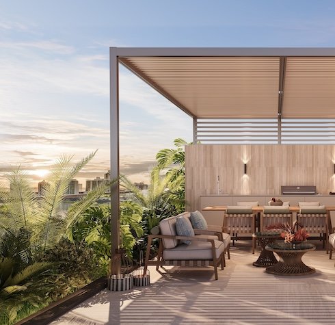 The rooftop summer kitchen and lounge at Avenia Aventura, developer rendering