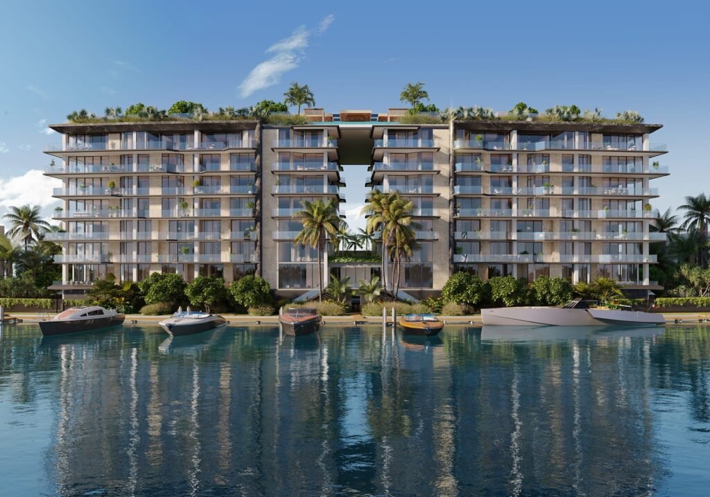 Bay Harbor Towers, Bay Harbor Islands — twin-tower waterfront exterior with private boat slips, developer rendering