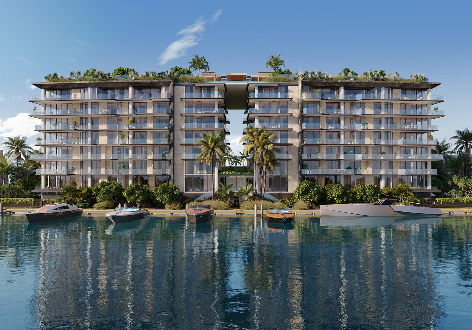 Bay Harbor Towers, Bay Harbor Islands — exterior frente al agua visto desde el agua, con embarcaciones en el muelle, render del desarrollador