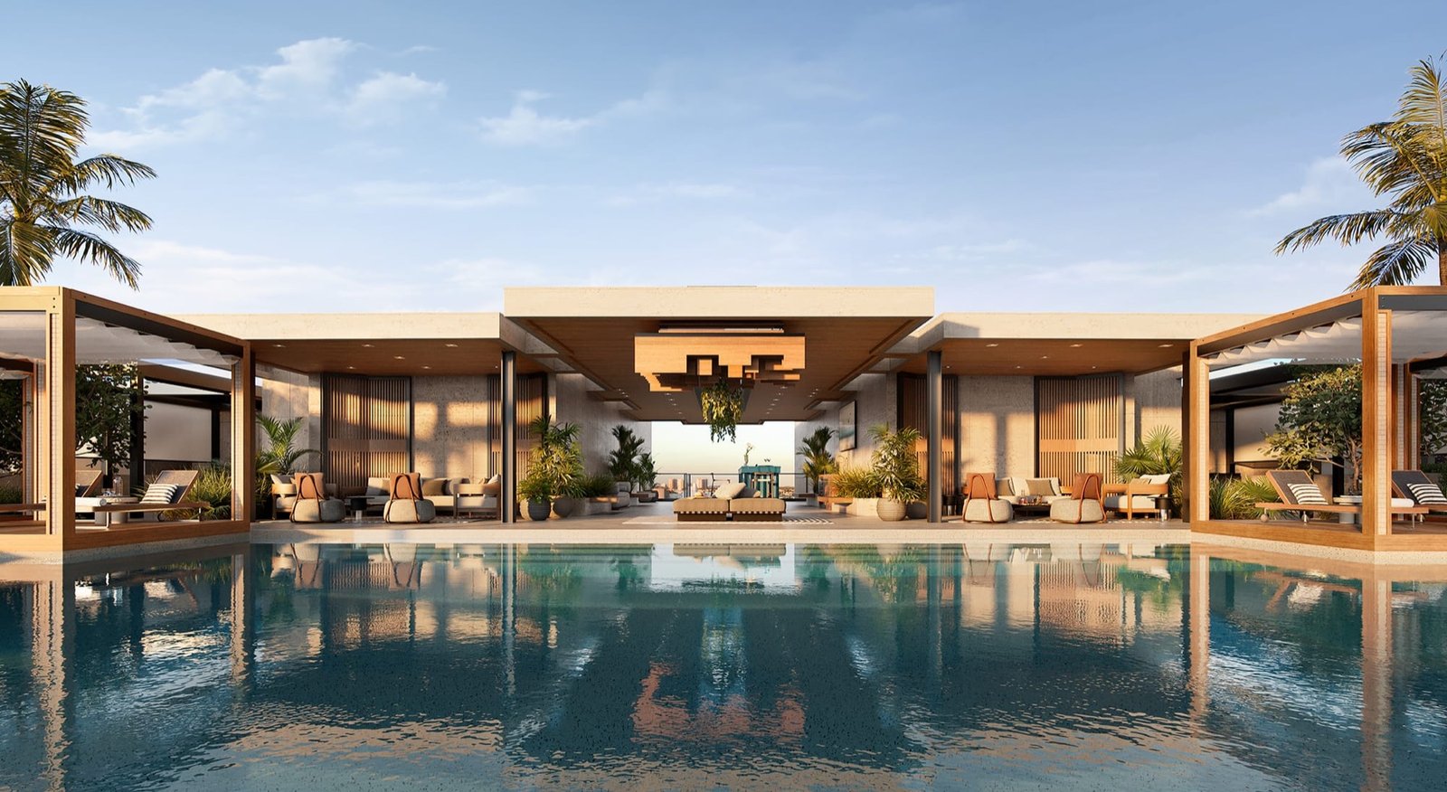 Bay Harbor Towers, Bay Harbor Islands — terraza de la alberca con cabañas a pie de alberca y un lounge al aire libre, render del desarrollador