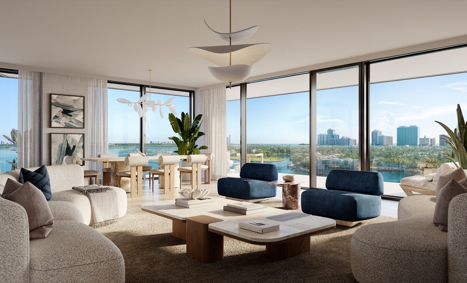Bay Harbor Towers, Bay Harbor Islands — sala y comedor con ventanales de piso a techo y vista a la vía navegable, render del desarrollador