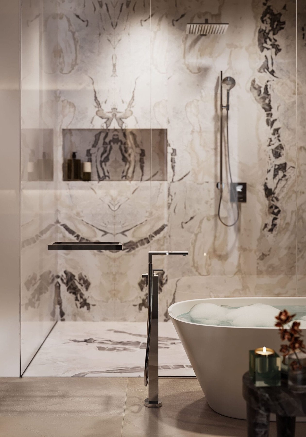 Bay Harbor Towers, Bay Harbor Islands — baño con una regadera de placas de mármol y una tina independiente, render del desarrollador