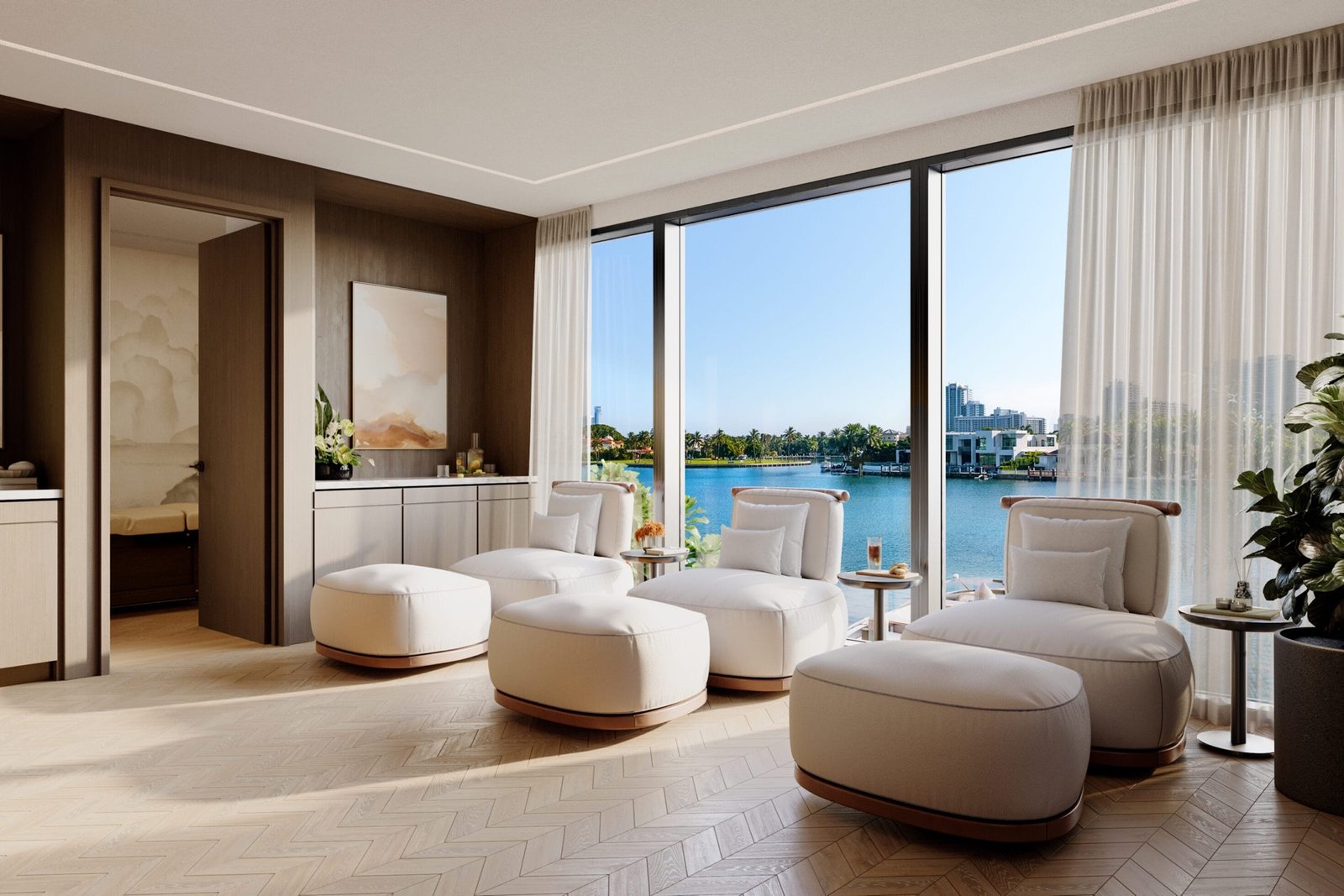 Bay Harbor Towers, Bay Harbor Islands — lounge de relajación con una sala de tratamiento al fondo y vista a la vía navegable, render del desarrollador