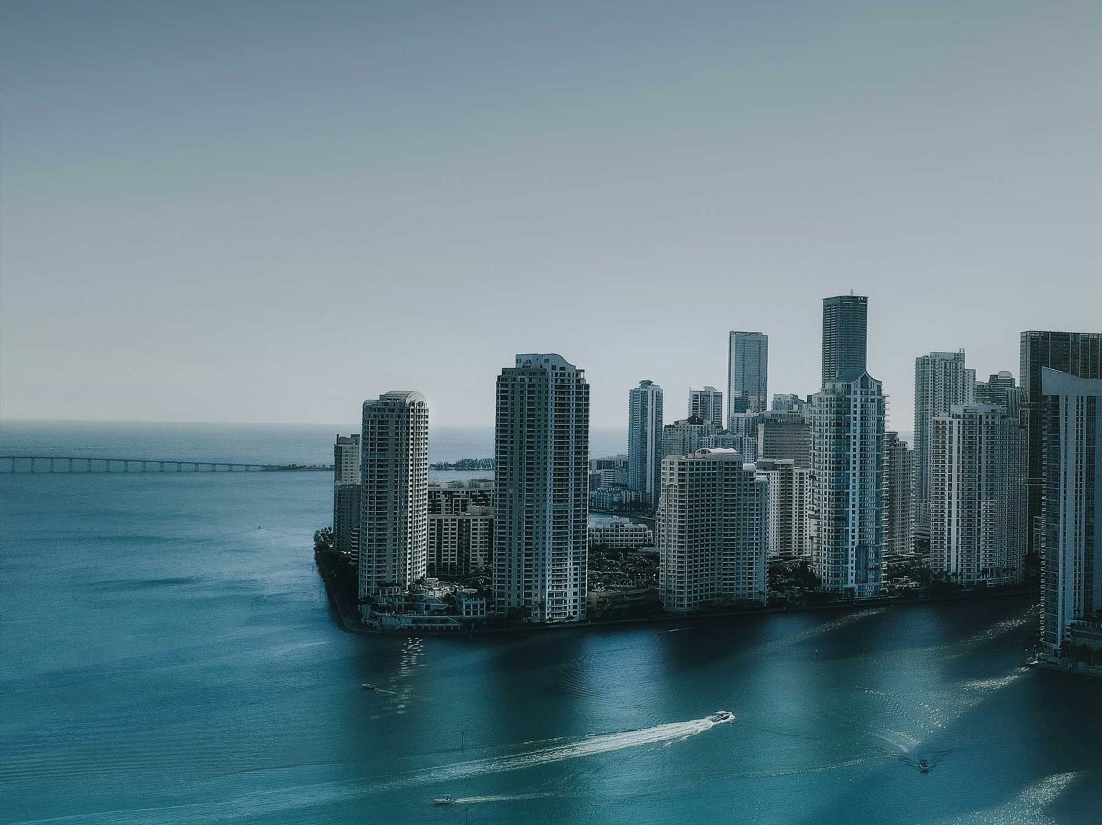 Brickell Key from above, its towers on the point surrounded by Biscayne Bay