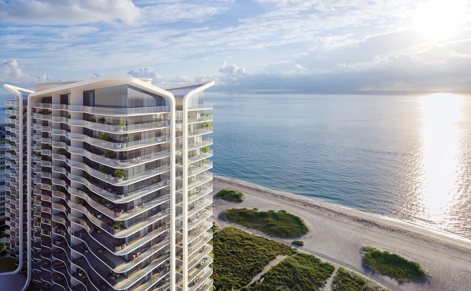 - Casamar Pompano Beach Casamar, Pompano Beach — torre exterior frente al mar con vista de la playa al amanecer, render del desarrollador