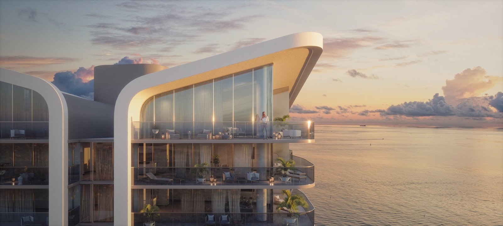 - Casamar Pompano Beach Casamar, Pompano Beach — balcón de una residencia del último piso al atardecer con vista al océano, render del desarrollador