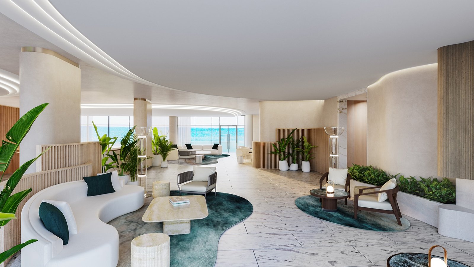 - Casamar Pompano Beach Casamar, Pompano Beach — sala lounge del lobby frente al mar, render del desarrollador