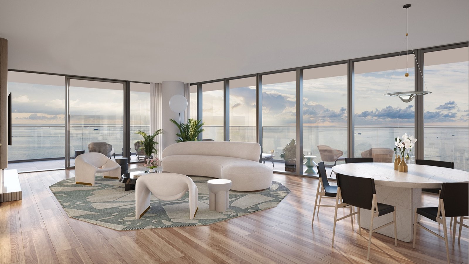 - Casamar Pompano Beach Casamar, Pompano Beach — sala y comedor de una residencia con vista al mar, render del desarrollador