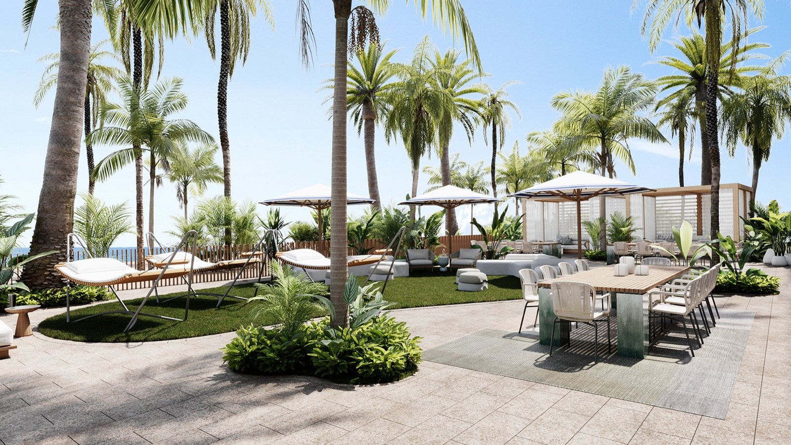- Casamar Pompano Beach Casamar, Pompano Beach — espacio de amenidades al aire libre en planta baja tipo estudio/lounge, render del desarrollador